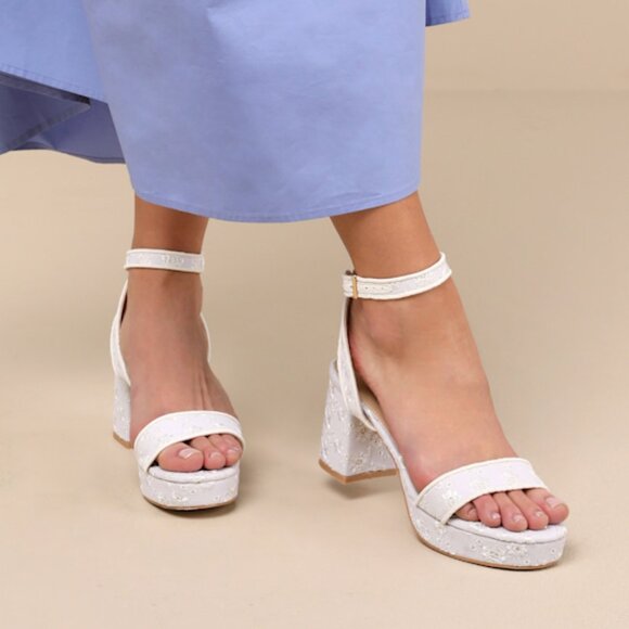 Lulus Elodina White Eyelet Platform High Heel Sandals - Size 9 - Picture 1 of 1